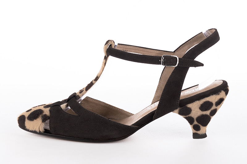 Chocolate brown women's open back T-strap shoes. Round toe. Medium spool heels. Profile view - Florence KOOIJMAN